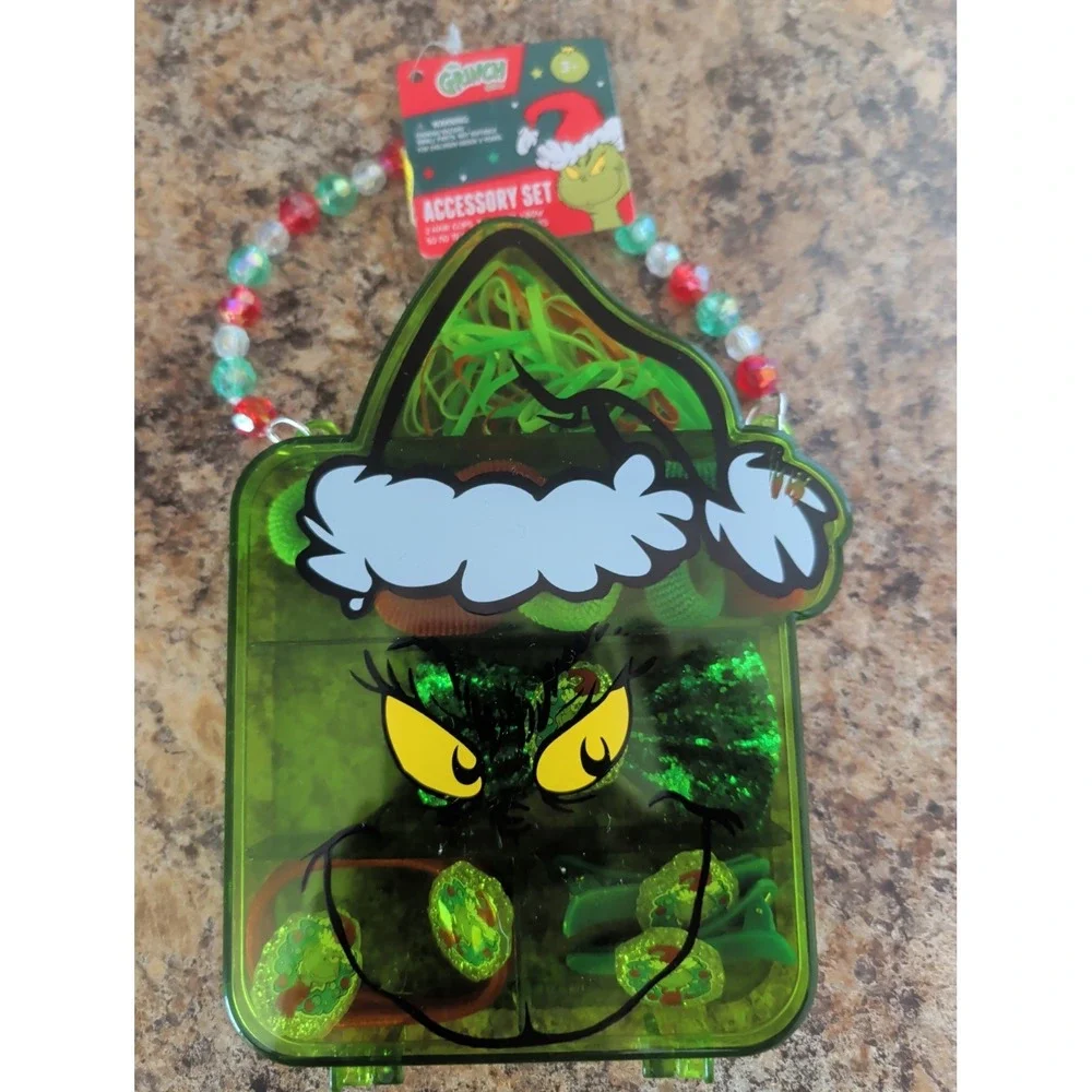 The Grinch Girls Hair Accessory Set Plastic Case Clips Elastics Bow HER Green